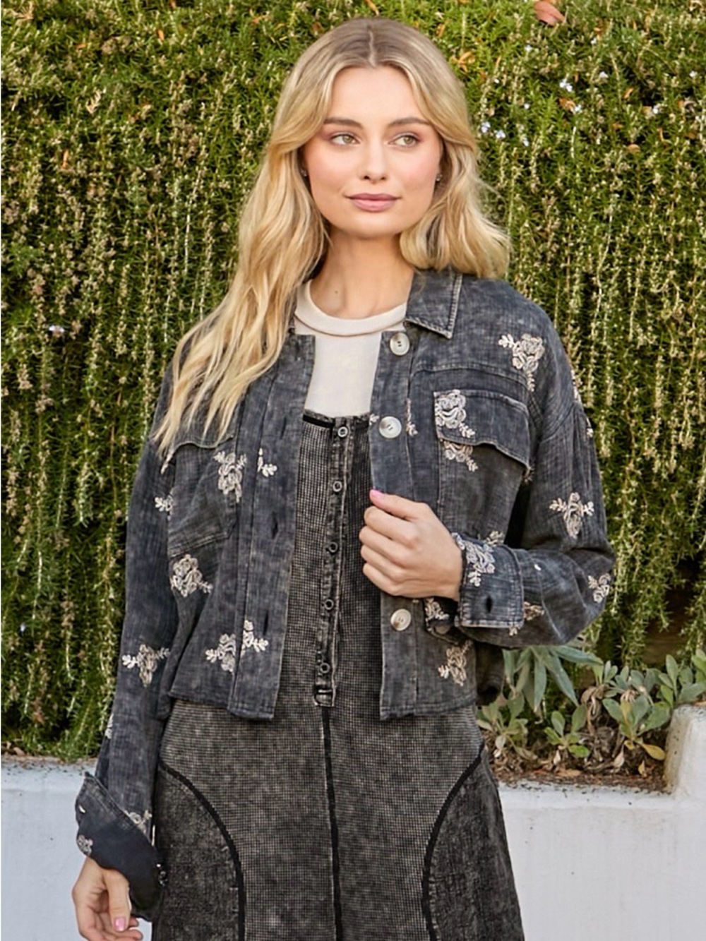 Mystree Washed Black Double Gauze Jacket with Embroidery